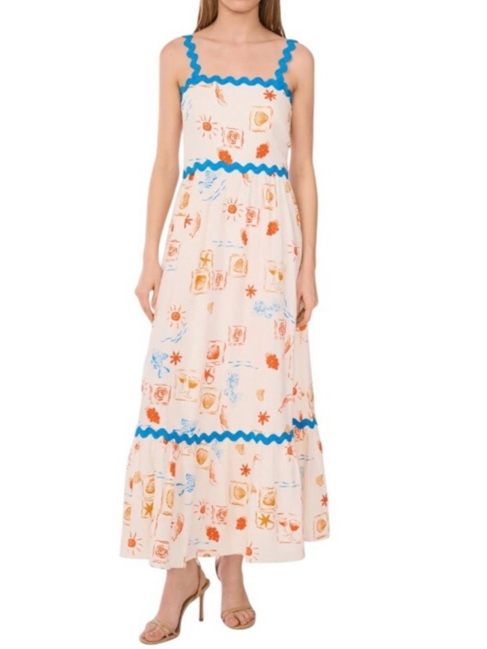 CeCe Cream Maxi Dress with Blue Trim and Orange Print Detail